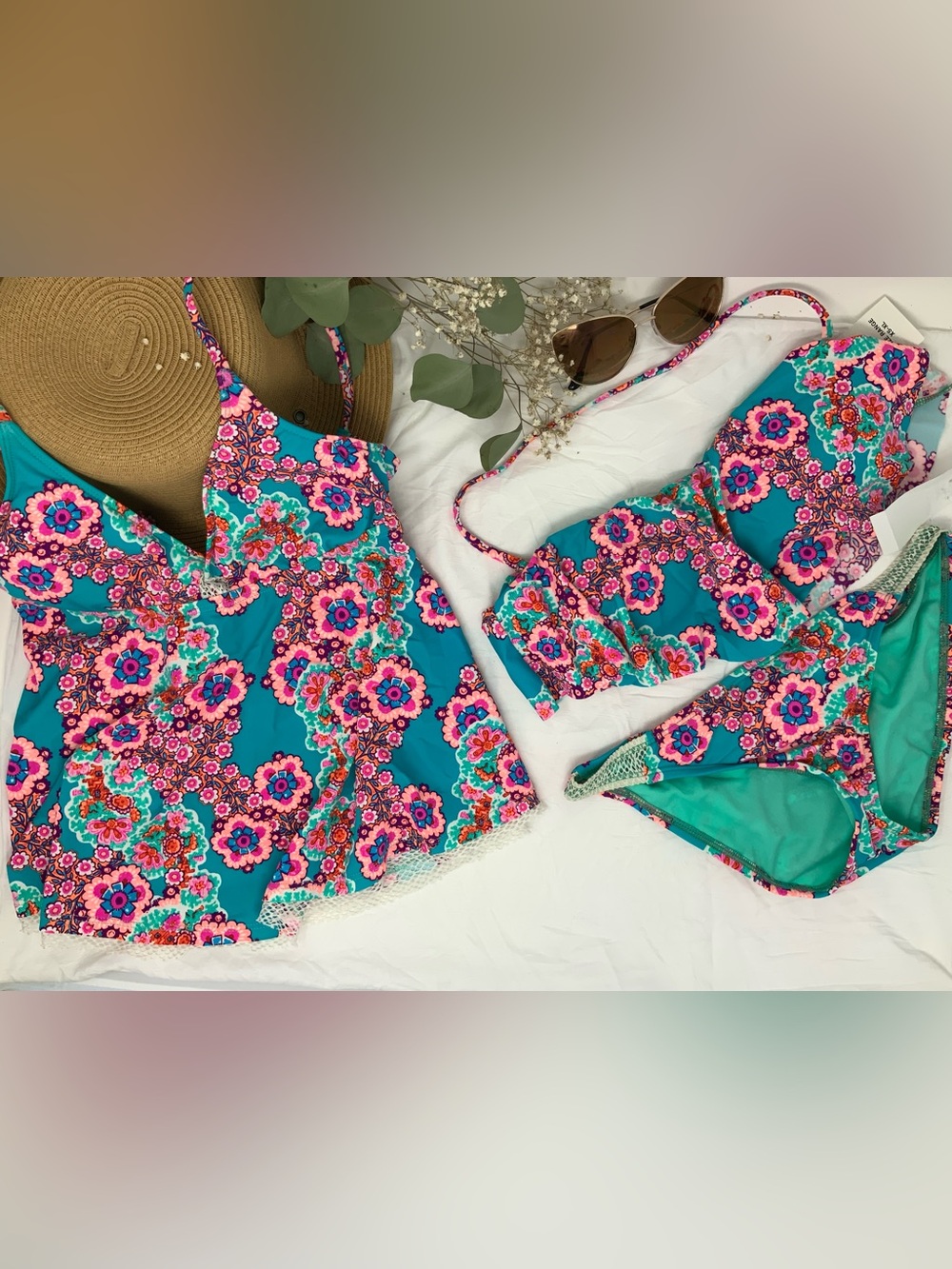 Hobie Teal Floral Bikini Set with Pink & Turquoise Accents